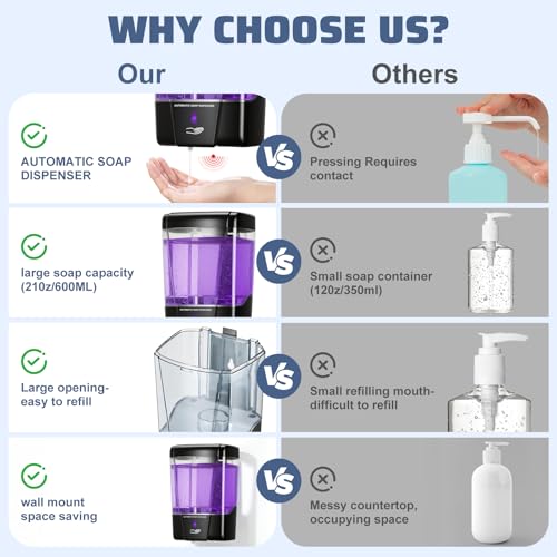 4 Pack Automatic Soap Dispenser Wall Mount,Touchless Liquid Soap Dispenser,Battery Operated,600 ml / 20 oz Commercial Hand Detergent Dispenser for Office Home Kitchen School Bathroom Hotel Restaurant - color: Black