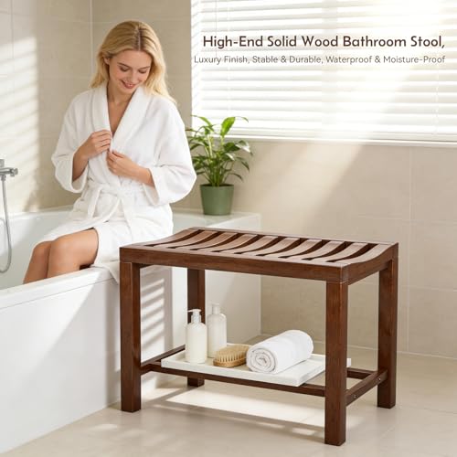 Rubber Wood Shower Bench, Non-Slip Waterproof Wooden Shower Stool for Adults & Elderly, Sturdy Bath Seat for Inside Shower or Tub – 24.02" D x 14.96" H x 6.3" W - size: 24.02"