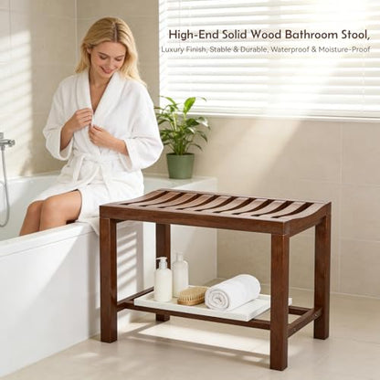 Rubber Wood Shower Bench, Non-Slip Waterproof Wooden Shower Stool for Adults & Elderly, Sturdy Bath Seat for Inside Shower or Tub – 24.02" D x 14.96" H x 6.3" W - size: 24.02"