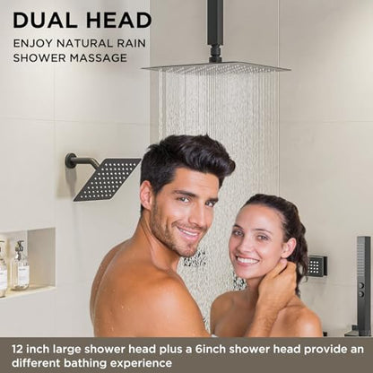 Shower System with Body Jets Matte Black, STARBATH 4 Way 12+6" Shower Faucet Sets Complete with 2 in 1 Handheld,Ceiling Mounted Rainfall Dual Shower Head with 4 Body Spray Jets, Shower Jets System - color: Matte Black, size: 6"+12"-03