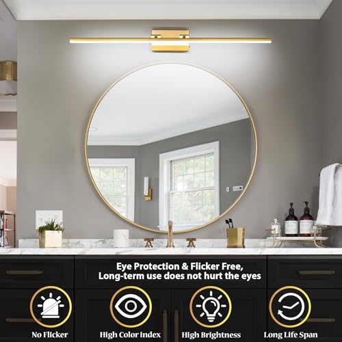 LED Bathroom Vanity Light, Modern Bathroom Light Fixture Over Mirror (3000K/4000K/6000K, Dimmable), Vanity Light Bar with Angle Adjustable, 48 Inch, Brass - color: Brass, size: 48 inch