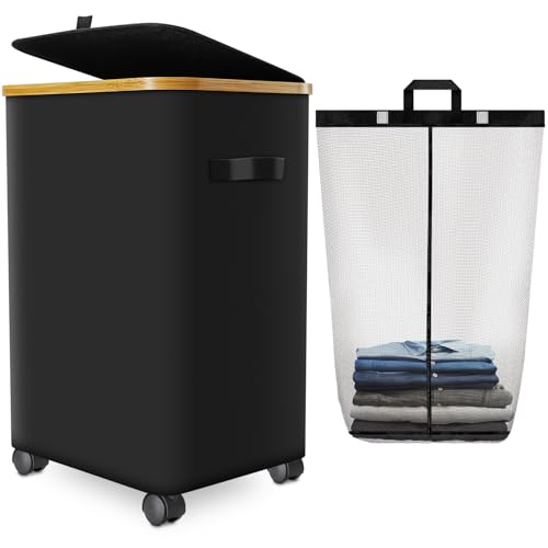Laundry Hamper with Wheels,20 Gal (75L) Laundry Basket with lid Rolling Clothes Hamper Foldable Dirty Clothes Basket on wheels with Bamboo Frame and Bag for Bedroom, Dorm, Laundry Room-Black | Clothes Hampers for Laundry with Inner Bag, Dirty Clothes Hamp