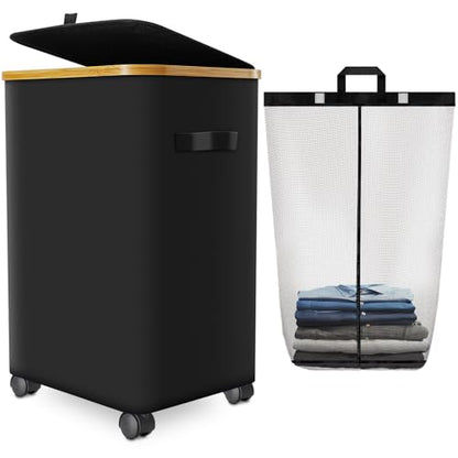 Laundry Hamper with Wheels,20 Gal (75L) Laundry Basket with lid Rolling Clothes Hamper Foldable Dirty Clothes Basket on wheels with Bamboo Frame and Bag for Bedroom, Dorm, Laundry Room-Black | Clothes Hampers for Laundry with Inner Bag, Dirty Clothes Hamp