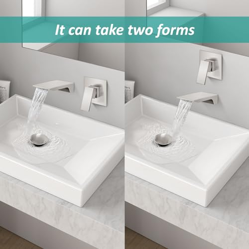 Wall Mount Bathroom Faucet, Waterfall Tub Filler, Brushed Nickel | SUS304 Waterfall Spout, Rough-In Valve, Single-Handle Control, 1/2-Inch NPT, Flexible Handle Placement - color: Brushed Nickel