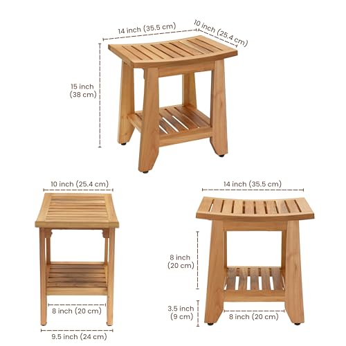 Teak Shower Bench Stool, 14'' Compact Waterproof Wooden Sauna Bath Bench with Storage Shelf, Non-Slip Solid Teak Shower Seat Chair for Small Bathrooms Inside Shower and Outdoor Use - size: 14''W x 10''D x 15''H