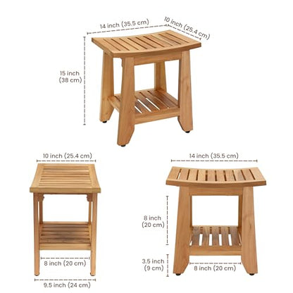 Teak Shower Bench Stool, 14'' Compact Waterproof Wooden Sauna Bath Bench with Storage Shelf, Non-Slip Solid Teak Shower Seat Chair for Small Bathrooms Inside Shower and Outdoor Use - size: 14''W x 10''D x 15''H