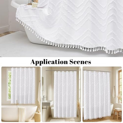 Small Boho Stall Shower Curtain, White Fabric Cloth Stall Shower Curtain 36 x 72 Half Size with Tassel Tufted Chevron Striped Textured Modern Farmhouse for Bathroom, Machine Washable - color: White, size: 36"W x 72"L (Pack of 1)