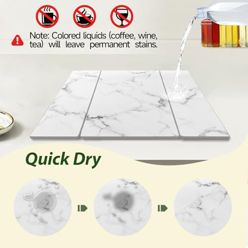 Large Stone Drying Mat for Kitchen Counter, 24"x16" Collapsible Quick Dry Dish Drying Mat, Water-Absorbent Marble Diatomaceous Earth Mats for Bottles Cups Dishes, Match Any Countertop - color: White