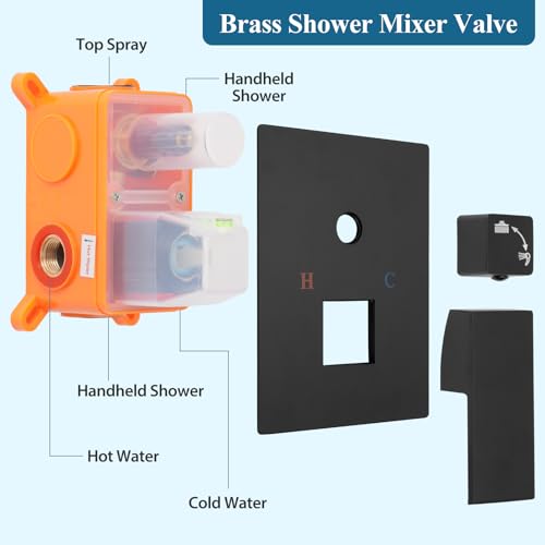 Matte Black Square Shower Head with Handheld Set, Rainfall Shower System Modern Wall Mounted Shower Faucet for Bathroom 10 inch (With Shower Valve) - color: Matte Black, style: 2 Setting-10in