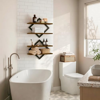 Floating Shelves for Wall, Set of 2 Wall Shelves, 2-Tier Hanging Shelve | Wood & Metal Wall Mounted Display Shelves, Decorative Wall Shelves for Living Room, Bedroom, Kitchen & Bathroom, Rustic Brown - size: 2-Pack