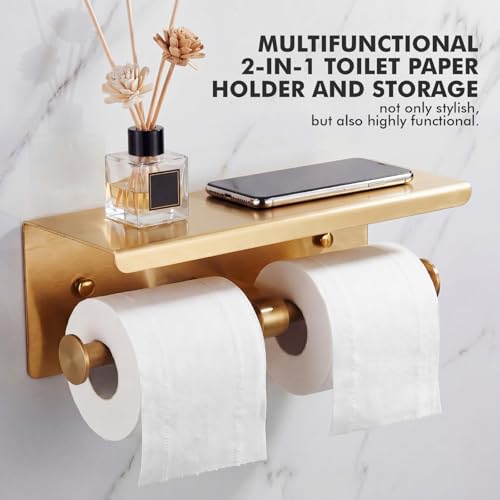 Double Toilet Paper Holder with Shelf, Wall Mount Tissue Roll Holder for Bathroom, 304 Stainless Steel Commercial Toilet Tissue Dispensers with Phone Shelf (Gold) - color: Gold
