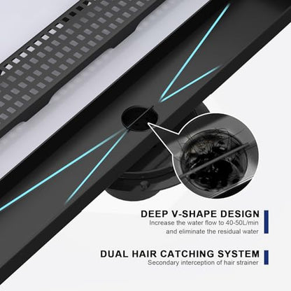 36 Inch Linear Shower Drain - Matte Black, with Removable Grate | AISI 304 Stainless Steel Shower Drain, Long Rectangle Shower Floor Drain with Adjustable Feet, Fits Bathroom & Balcony etc - color: Matte Black, size: 36 in