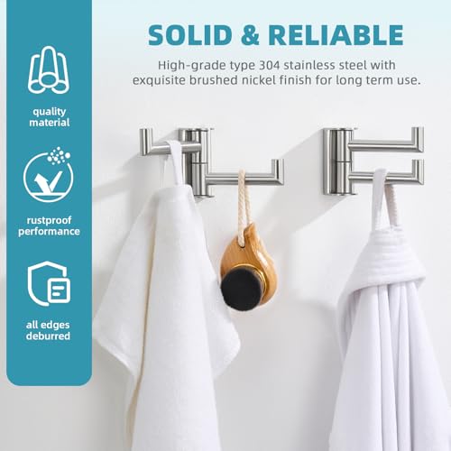 Angle Simple Towel Hooks Swivel, Brushed Nickel Coat Wall Hook, 2 Pack | SUS304 Stainless Steel Robe Hand Towel Holder for Bathroom Kitchen Closet Cabinet, Compact Foldable Design, Screws Mounted - color: Brushed Nickel, size: 2 Pack