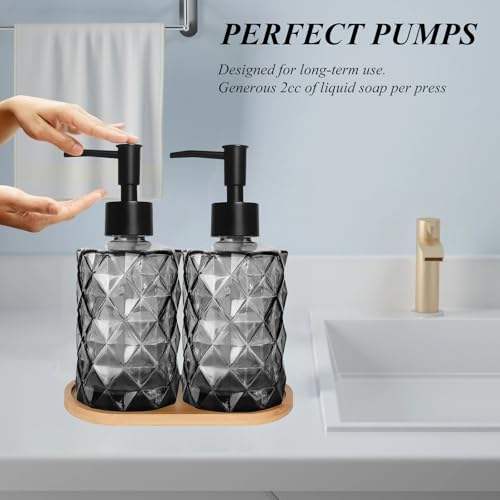 12oz Black Glass Hand and Dish Soap Dispenser Set, Diamond Design, Set of 2 | Bathroom Soap Dispenser with Plastic Pumps, Bamboo Tray for Hand Wash & Dish Wash, for Bathroom Kitchen Countertop - color: Black