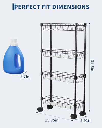 GarveeHome Slim Rolling Storage Cart, 4 Tier Metal Utility Cart with Wheels, Adjustable Shelving Unit Basket for Kitchen Bathroom Laundry Room Living Room & Narrow Corner, 15.75"X5.91"X31.5", Black - size: 4 Tier