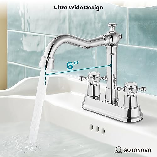 gotonovo 4 Inch Centerset Bathroom Faucet 2 Cross Handles Deck Mount 2 Hole Lavatory Vanity Utility Mixer Tap with Water Supply Hoses and Pop Up Drain RV Farmhouse, Polish Chrome - color: Polish Chrome