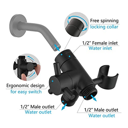 PDPBath Solid Brass 3 Way Shower Arm Diverter Valve with Handheld Holder for Dual Shower Heads with G1/2 Universal Connection - Matte Black - color: Matte Black-2