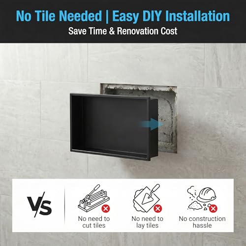 304 Stainless Steel Shower Niche 24" x 12" for Bathroom Storage | Waterproof Matte Black Recessed Shower Niche No Tile Needed - size: 24 x 12 inch