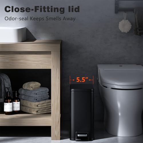 Bathroom Trash Can with Lid Slim 1.6 Gallon Stainless Steel Garbage Can with Removable Inner Bucket Soft Close Lid Durable Step Pedal Trash Bins for Toilet Bedroom Office (Matte Black, 1.6 Gallon) - color: Matte Black, size: 1.6 Gallon