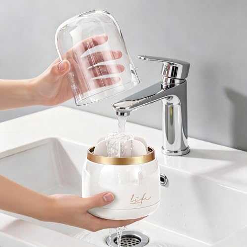 360 Rotating Toothbrush Holders for Bathrooms, 7-Slot Toothbrush Holder with Cover & Drainage, Bathroom Countertop Organizer for Electric Toothbrushes, Toothpaste & Makeup Brushes - color: Beige