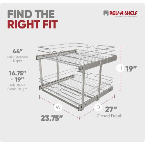 Rev-A-Shelf Pullout Organizer for Cabinets, Min Opening Width of 24" | Two-Tier Steel Shelf for Kitchen or Vanity Cabinet Organization, Heavy Gauge Wire Slide Out Storage Basket, 5WB2-2422-CR-1 - size: 24" W x 22"D, style: Two Tier