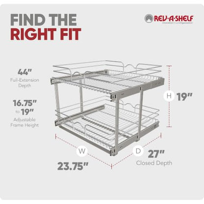 Rev-A-Shelf Pullout Organizer for Cabinets, Min Opening Width of 24" | Two-Tier Steel Shelf for Kitchen or Vanity Cabinet Organization, Heavy Gauge Wire Slide Out Storage Basket, 5WB2-2422-CR-1 - size: 24" W x 22"D, style: Two Tier