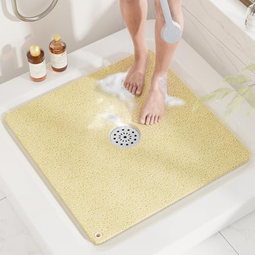 HITSLAM Square Loofah Shower Mat, 24x24 Inch Non Slip Bath Mat, Beige | Cushioned PVC Bathtub Mat Without Suction Cups, Quick Drying With Middle Drain Hole, Hanging Holes For Easy Storage - color: Beige, size: 24" x 24" (Square)