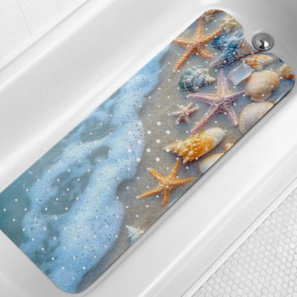 LNOND Summer Beach Bathtub Mat Non Slip, 40 X 16 Inch Tub Mat for Bathroom, Beach Starfish Shell Bath Tub Shower Mat with Drain Holes and Suction Cups - color: Beach Starfish Shell Bathtub Mat