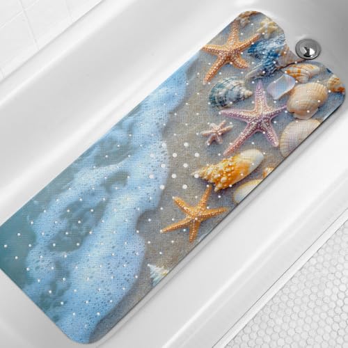 LNOND Summer Beach Bathtub Mat Non Slip, 40 X 16 Inch Tub Mat for Bathroom, Beach Starfish Shell Bath Tub Shower Mat with Drain Holes and Suction Cups - color: Beach Starfish Shell Bathtub Mat