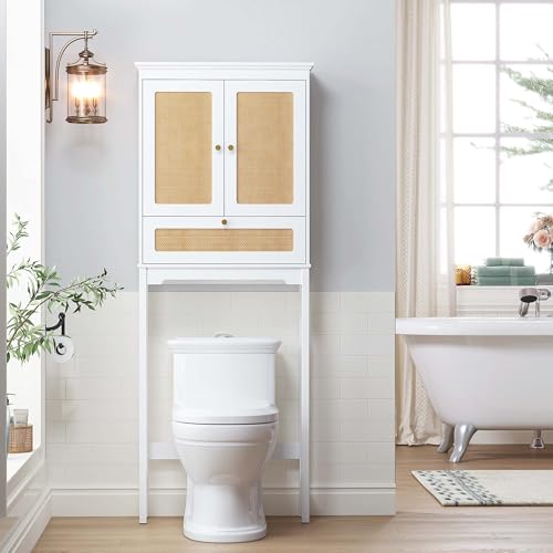 Spirich Over the Toilet Storage Cabinet with Hand-Woven Rattan Doors, White | Tilt-Out Storage Cube, Adjustable Shelf, 33-Inch Toilet Clearance, Anti-Tip Bracket, Bathroom Organizer for Toiletries - style: Rectangular