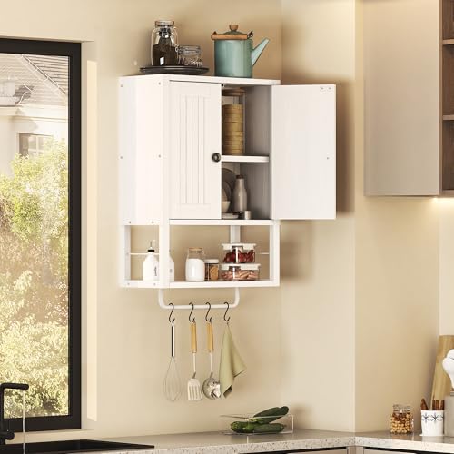Homeiju Rustic Wall Mounted Medicine Cabinet, White Wood Storage Cabinet with Two Barn Doors, Shelf and Towel Bar for Bathroom, Living Room, Kitchen, White - size: 29.9'' H