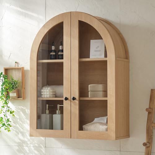 Bathroom Arched Wall Cabinet, 23.5'' Wide Medicine Cabinet, Bathroom Cabinet Wall Mount W/ Glass Doors & Adjustable Shelves, Over The Toilet Storage Cabinet for Laundry Room, Bedroom,Kitchen,Natural - color: Natural