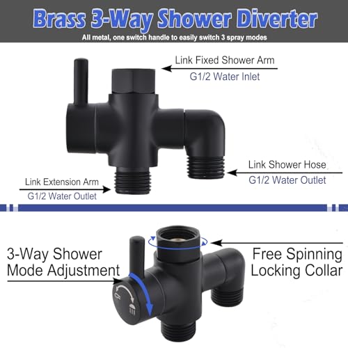 Metal Shower Diverter Valve, YDmeet 3 Way Shower Head Diverter for Handheld Showerhead and Fixed Rainfall Shower Head, Universal G1/2 Bathroom Shower System Replacement Part, Matte Black - color: Matte Black