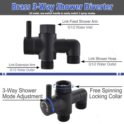 Metal Shower Diverter Valve, YDmeet 3 Way Shower Head Diverter for Handheld Showerhead and Fixed Rainfall Shower Head, Universal G1/2 Bathroom Shower System Replacement Part, Matte Black - color: Matte Black
