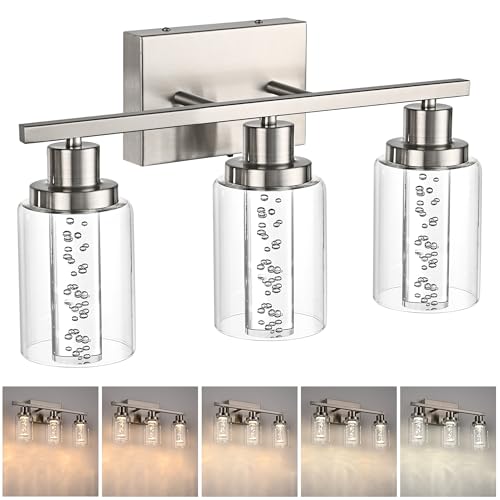 MELUCEE 3 Light LED Bathroom Light Fixtures Brushed Nickel 3000K-6000K | Dimmable Bathroom Lights Over Mirror Wall Light Fixture with Crystal Bubble Clear Glass Shade, Built-In LED Chips - color: Brushed Nickel, size: LED-3 Lights