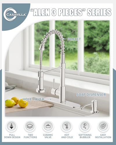Kitchen Faucet Set, Commercial Kitchen Sink Faucets with Pull Down Sprayer and Soap Dispenser, Stainless Steel Faucets for Kitchen Sinks, Single Handle Spring Faucet with Deck Plate - color: B-Brushed Nickel, style: Contemporary