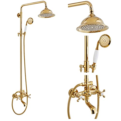 gotonovo Exposed Shower System with Spout,Polished Gold,No Shower Shelf | Brass Shower Faucet Set,8’’ Rain Head with Handheld Spray,Swivel Tub Spout,2 Cross Handle,6’’ Hole Distance,Adjustable Height - color: Bright Gold