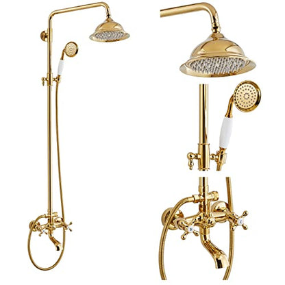 gotonovo Exposed Shower System with Spout,Polished Gold,No Shower Shelf | Brass Shower Faucet Set,8’’ Rain Head with Handheld Spray,Swivel Tub Spout,2 Cross Handle,6’’ Hole Distance,Adjustable Height - color: Bright Gold