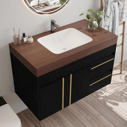 36" Wall-Mounted Bathroom Vanity with Sink, Floating Vanities Cabinet with Ceramic Basin Combo, Faux Marble Top Bathroom Sink Cabinet with 2 Doors and 2 Drawers, Plywood Frame, Walnut - color: Walnut