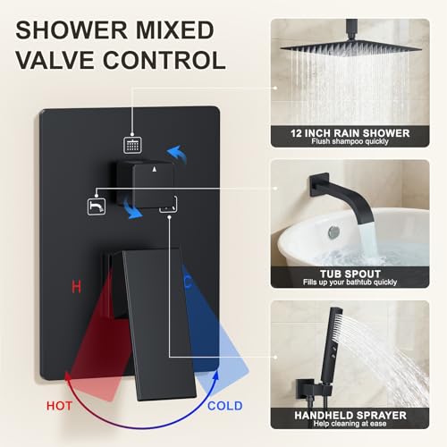Shower System with Tub Spout, Ceiling Mounted Bathtub Shower Faucet Set, 12" Rainfall Shower Head and Handheld Shower Combo, High Pressure Shower Fixtures Set with Rough-in Valve, Matte Black - color: Matte Black, style: 12" Ceiling Mounted Shower System