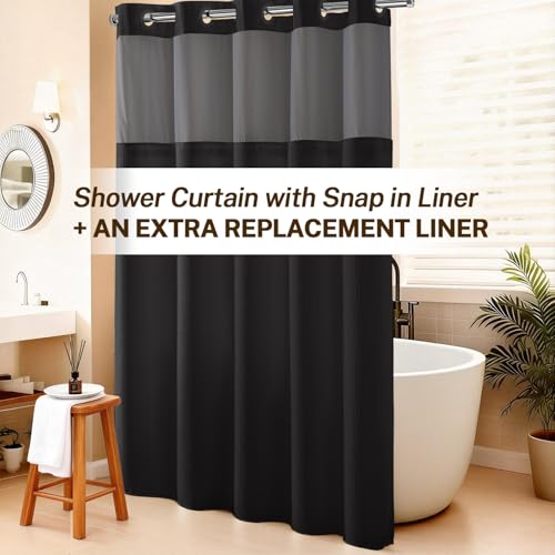 River Dream No Hooks Shower Curtain with 2 Snap in Liner, Black, 71Wx74H | Waffle Weave, 1 Attached Snap in Liner and 1 Extra Replacement Liner, Bathroom Curtains Shower Set, Hotel Grade, Spa Like - color: Black