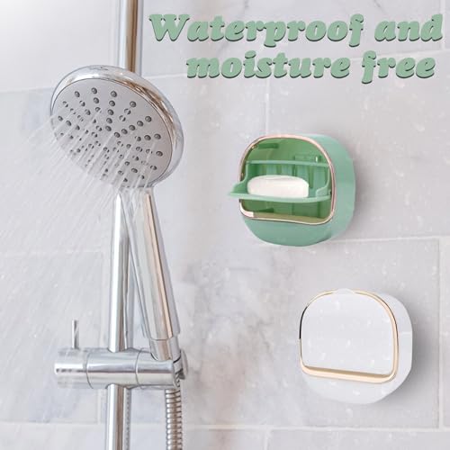ASTIMESA 2 Packs Waterproof Wall-Mounted Soap Dishes Box, Adhesive Plastic Soap Holder with Drain Lid Tray for Bar Bathroom Shower Keep Dry Flip Self Draining White & Light Green - color: White & Light Green