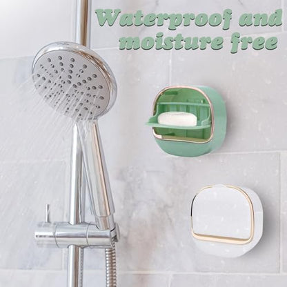 ASTIMESA 2 Packs Waterproof Wall-Mounted Soap Dishes Box, Adhesive Plastic Soap Holder with Drain Lid Tray for Bar Bathroom Shower Keep Dry Flip Self Draining White & Light Green - color: White & Light Green