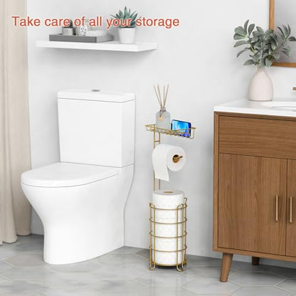 Goozii Gold Free Standing Toilet Paper Holder Stand with Phone Shelf, Floor Bathroom Tissue Holder for Large Mega Rolls, Metal Freestanding Toilet Paper Roll Holder with Wipes Storage Tray - color: Gold