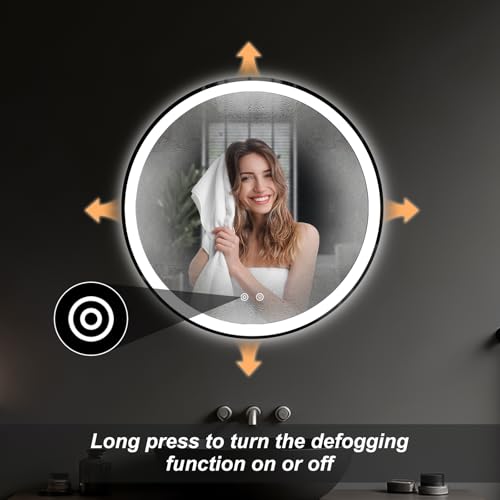 Sweetcrispy 24 Inch Round LED Bathroom Mirror with Lights, Circle Vanity Mirror with Anti-Fog, Dimmable, 3-Color Light, Memory Function, Tempered Glass