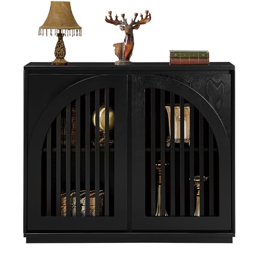 Black Sideboard Buffet Storage Cabinet,Narrow Small Entryway Cabinet | Solid Wood Veneer;39"L*9.3"W*32.6"H;Thin Cabinet for Small Spaces;Mid Century Modern Credenza Storage Cabinet with Arch Doors - color: C- Black, size: 1 Piece