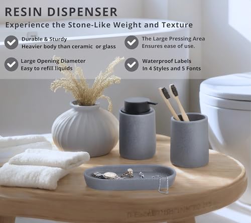 Clasin Home Grey Bathroom Accessories Set, 3 Pcs Resin Bathroom Accessories Complete Set, Sandstone Look Soap Dispenser with Large Pump, Toothbrush Cup, Soap Dish for Modern Home Decor and Kitchen
