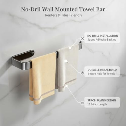 Towel Bar, 13.8-Inch Adhesive Metal Bathroom Rack with No-Drill Mount for Smooth Walls, Hole-Free Installation (1 Piece) - color: Black