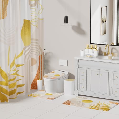 Bathroom Set - 27PC Bathroom Sets with Shower Curtain and Rugs, White Bathroom Set, Bathroom Accessory Set, Trash Can, Toilet Brush & 3 PC Soap Dispensers - color: White, size: Bath Set+Boho Shower Curtain+Bath Rugs