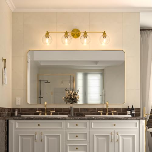 VONLUCE 4 Light Bathroom Vanity Light Fixtures, Gold Finish | Globe Glass Shades, E26 Sockets, Easy to install, Vanity Lights for Bedroom Hallway Living Room - color: Gold, size: 4-Light